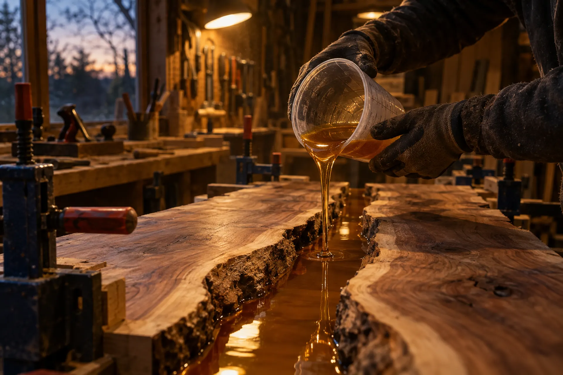Résine époxy ambrée versée entre deux dalles à bord naturel dans l’atelier